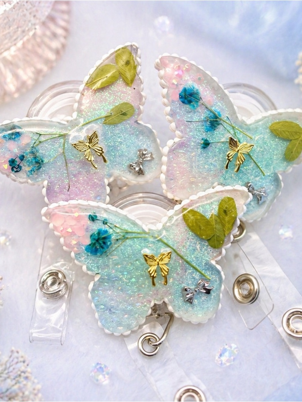 Butterfly Badge Reel Real Pressed Flowers | Pastel Resin ID Holder Retractable